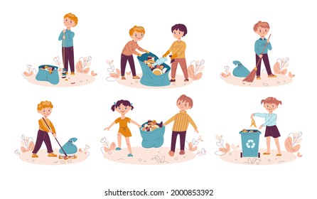 Set of children collecting trash into bags and throwing litter into trash can. Children cleaning nature, recycle garbage. Vector illustration in flat cartoon style. Isolated on a white background.