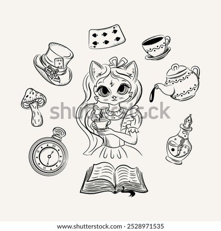 Set for children coloring book cat with a cup of tea. Hand drawn, handmade. Isolate, vector.