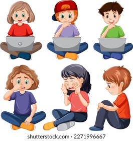 Set of children with computer illustration