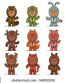 Set of children in costume of animals for holidays, beaver, lizard, rabbit, bull, fox, pig, deer, cat, bear, vector