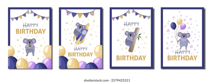 A set of children cute animal cards. Koala bear. Greeting card Happy Birthday. Collection of A4 postcards. Vector illustration