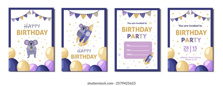 A set of children cute animal cards. Koala bear. Collection of two greeting cards and two birthday party invitations. Vector illustration