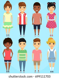 A set of children in different clothing and with different hairstyles. A set of eight. A cartoon in flat style on blue background.