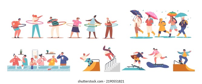 Set of Children Different Fun and Activities. Kids Boys and Girls Character Spinning Hoop, Walking Under Umbrella at Rain, Brushing Teeth, Riding on Skate Board. Cartoon People Vector Illustration