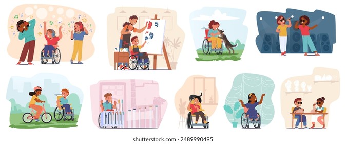 Set Of Children With Disabilities Participating In Various Developmental Activities Such As Art, Music, Outdoor Play, And Learning. Kids In Supportive Environments, Showcasing Inclusivity And Joy