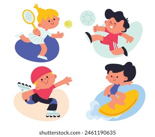 Set of children do different forms of activity, poster, entertainment, sports, pastime, good mood. Kids immersed in diverse activities, creative pastimes, joyful atmosphere.