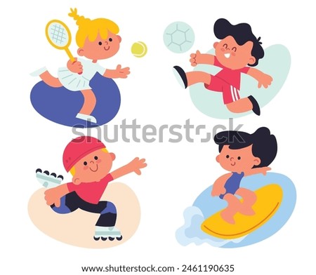 Set of children do different forms of activity, poster, entertainment, sports, pastime, good mood. Kids immersed in diverse activities, creative pastimes, joyful atmosphere.