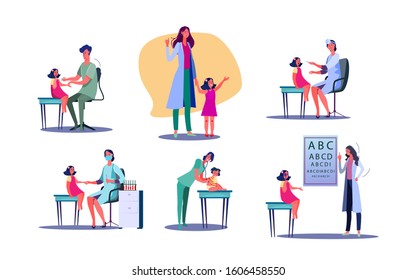 Set of children at doctor office. Flat vector illustrations of kids visiting pediatrician. Health and childhood concept for banner, website design or landing web page.