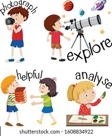 Set of children doing activities with action verbs  illustration