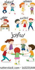 Set of children doing activities with adjectives illustration
