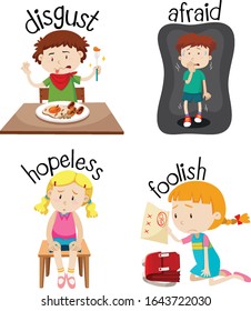 Set of children doing activities with adjectives illustration