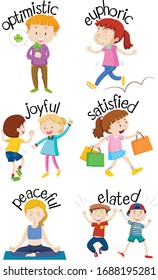 Set of children doing activities with adjectives illustration