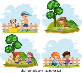 Un conjunto de niños haciendo actividades en la ilustración del jardín