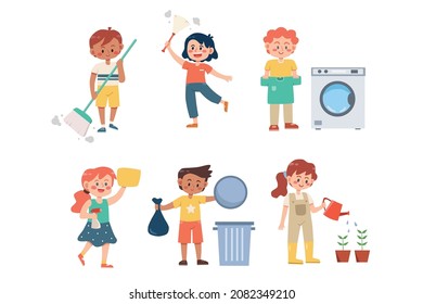 Set of children doing chores
