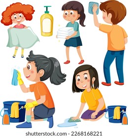 Set of children doing chores with household equipments illustration