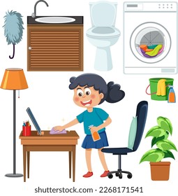 Set of children doing chores with household equipments illustration