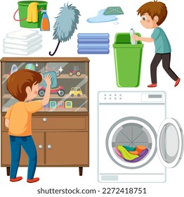 Set of children doing chores with household equipments illustration