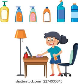 Set of children doing chores with household equipments illustration