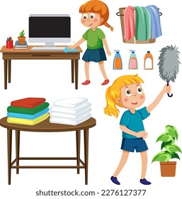 Set of children doing chores with household equipments illustration