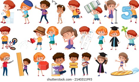 Conjunto de niños que realizan diferentes actividades en la ilustración de fondo blanco