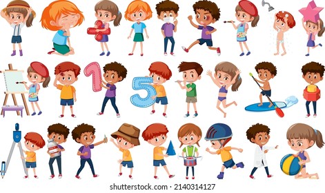 Set of children doing different activities on white background illustration