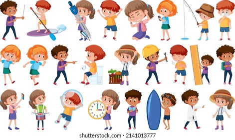 Set of children doing different activities on white background illustration