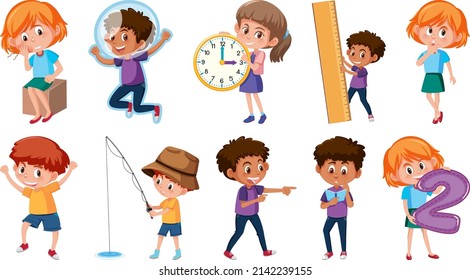 Set of children doing different activities on white background illustration