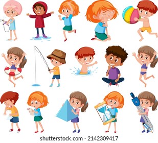 Set of children doing different activities on white background illustration