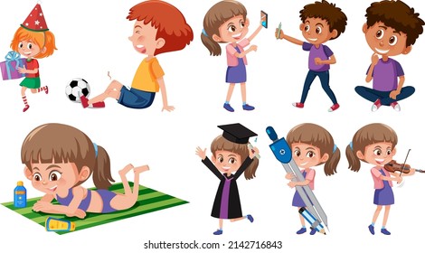 Set of children doing different activities on white background illustration