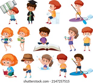 Set of children doing different activities on white background illustration