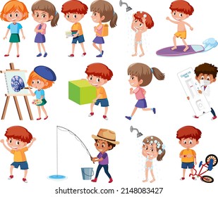 Set of children doing different activities on white background illustration