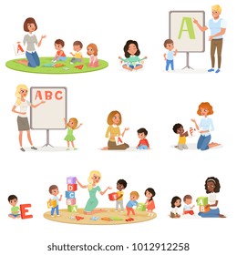 Set of children doing speech therapy with teachers. Child development center. Kids alphabet letters through play. Educational game. Isolated flat vector design