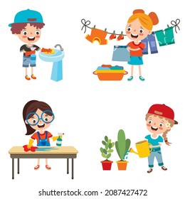 Set Of Children Doing Various Houseworks