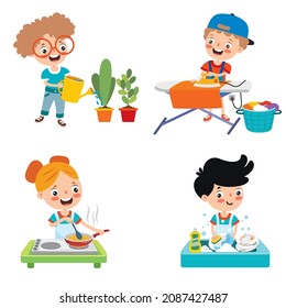 Set Of Children Doing Various Houseworks