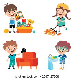 Set Of Children Doing Various Houseworks