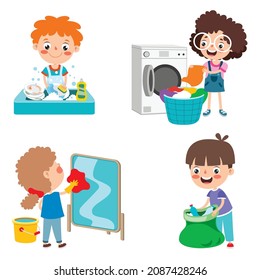 Set Of Children Doing Various Houseworks