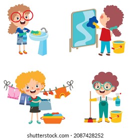 Set Of Children Doing Various Houseworks