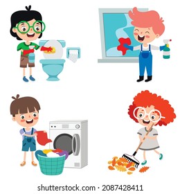 Set Of Children Doing Various Houseworks
