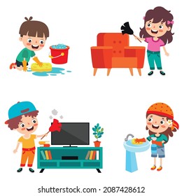 Set Of Children Doing Various Houseworks