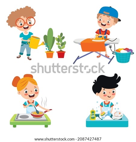 Set Of Children Doing Various Houseworks