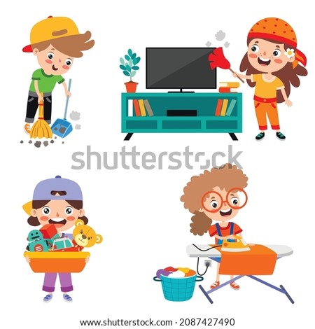 Set Of Children Doing Various Houseworks