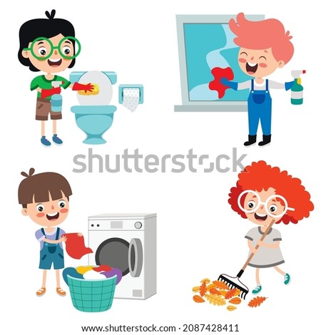 Set Of Children Doing Various Houseworks