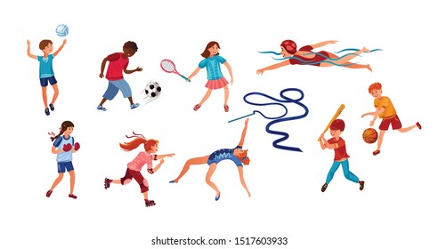 Set of children doing various kinds of sports activities. Vector illustration in flat cartoon style