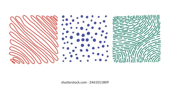 Set of children doodles on white background. Minimalist abstract shapes collection. Wavy lines, dots and dotted line. Colorful doodle bundle for for training materials. Modern hand drawn vector set.