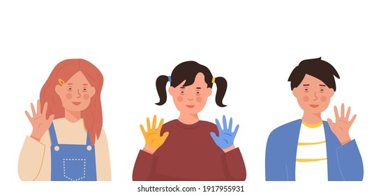 Set of children with Down Syndrome. Male and female kids with genetic disorder and painted blue and yellow hands. Characters for people with special needs. Flat Vector illustration isolated on white.