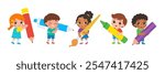 Set of Children draw big art together with large art supplies. Colorful cartoon characters. Art for Kids. 