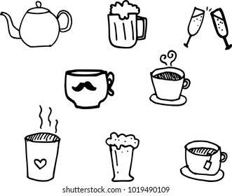 Set of children drawing a cups. The template for the painting. Hand drawn dishes in a funny kids style. Cartoon. Doodles. Vector illustration isolated on white background.