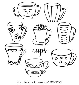 Set of children drawing a cups. The template for the painting. Hand drawn dishes in a funny kids style. Cartoon. Doodles. Vector illustration isolated on white background.