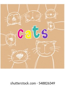 Set of children drawing a cute cats. painting. Hand drawn animal in a funny kids style. Cartoon. Doodles. Vector illustration 
