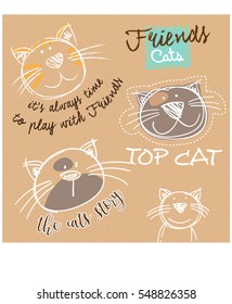 Set of children drawing a cute cats. painting. Hand drawn animal in a funny kids style. Cartoon. Doodles. Vector illustration 